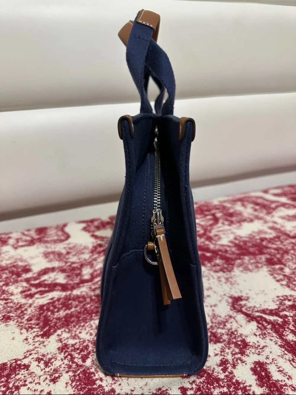 Tory Burch Navy Canvas 2-Way Bag with Tan Leather Trim